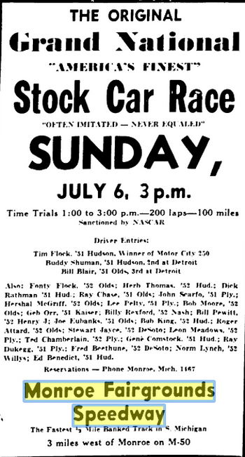 Monroe Fairgrounds Speedway - July 5 1952 Ad